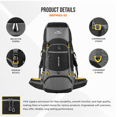 GRITMAX 55 L  Front & Top Open Backpack for Hiking Trekking  Bag for Men & Women with Rain Cover-Grey