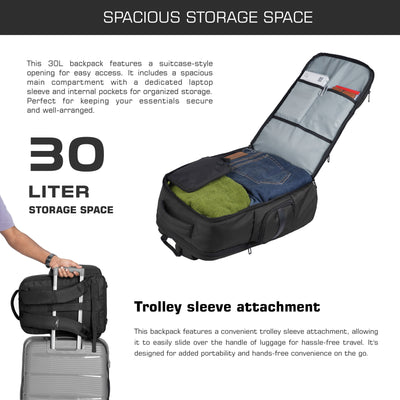 TPB03 - 30L office & Travel Bag with 16-Inch Laptop Compartment, Suitcase-Style Opening, USB Charging - Black