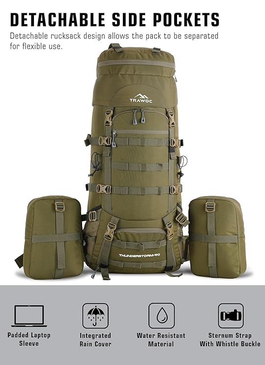 Thunderstorm 90L Rucksack for Men & Women with Shoe Compartment & Water-Resistant Fabric - Olivegreen