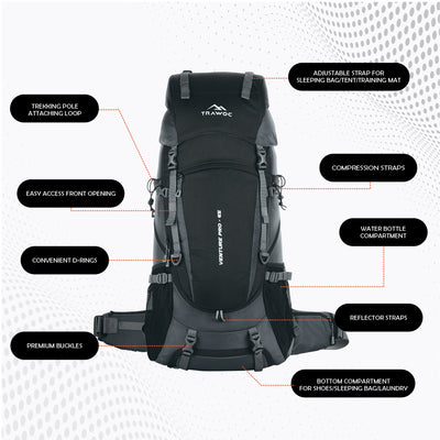 Venture Pro 65 L Travel Backpack with Rain Cover & with Laptop Compartment - Grey