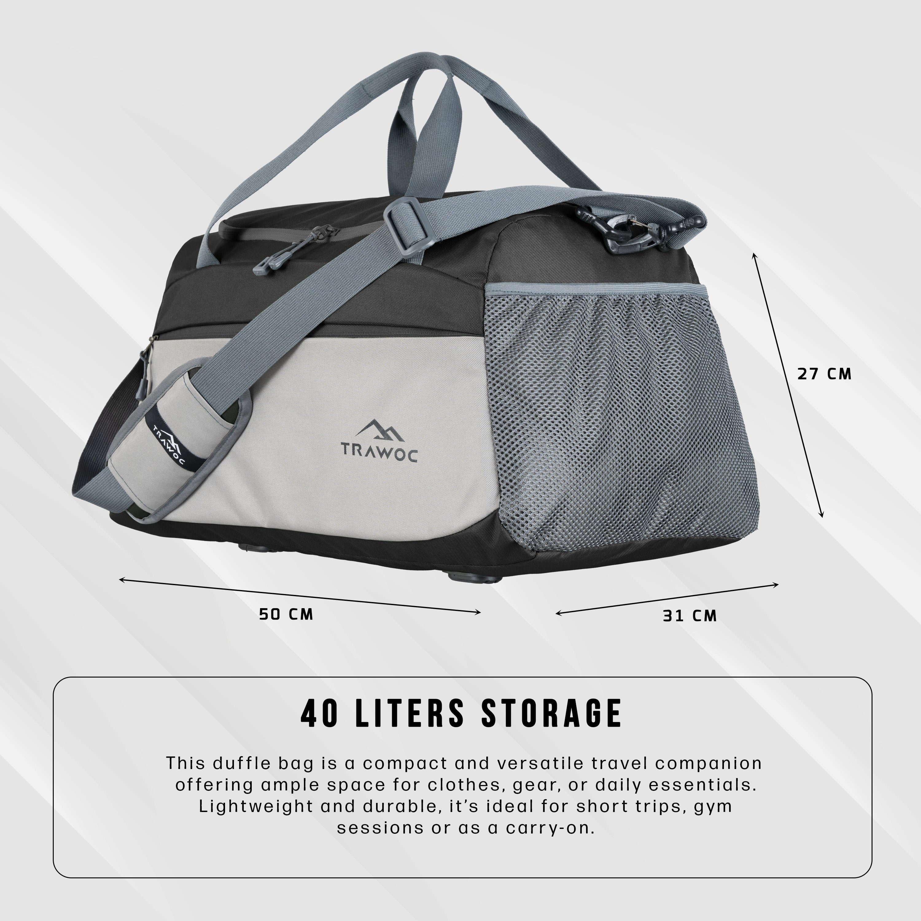 TMPB01 - 40L Duffle Bag, Travel Weekender Bag for men & women with Shoe Compartment, Water-Resistant - Black