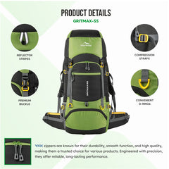 GRITMAX 55 L  Front & Top Open Backpack for Hiking Trekking  Bag for Men & Women with Rain Cover-Green