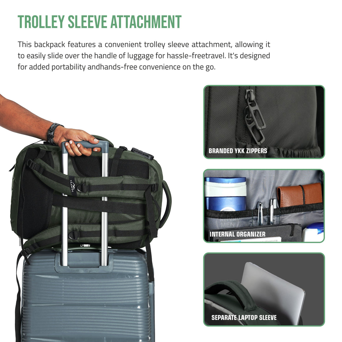 TPB01- 45L Laptop Bag  with Anti-Theft Lock, Expandable Storage, USB Charging, Suitcase-Style Opening - Huntre green