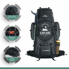 Wayfarer 80L Travel Backpack with Water-Resistant Fabric & Laptop Compartment – Grey