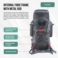 Globetrotter 80 L Trekking Bag with Rain Cover, Shoe section & internal metal frame - Grey