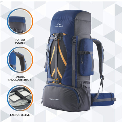 Vortex 60 L Travel Backpack with Laptop Compartment & Durable Zippers - Navy Blue