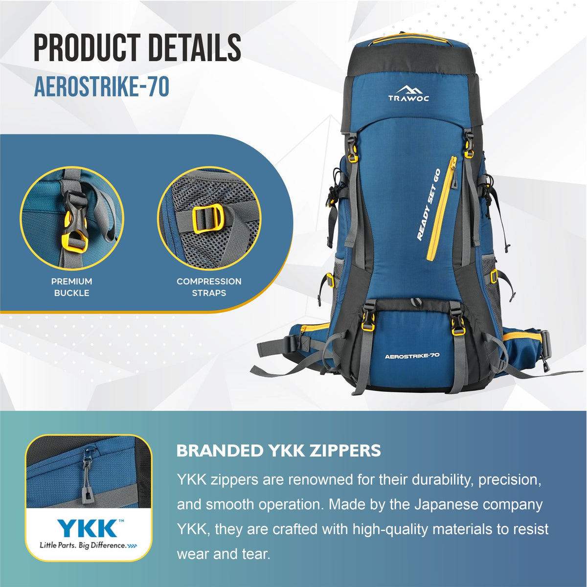 Aerostrike 70L Trekking Bag with Laptop Compartment & Rain Cover, ideal for Hiking - English Blue