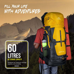 Aerofit 60L Rucksack with Multi-Pocket Design &  Laptop Compartment, ideal for Hiking - Yellow