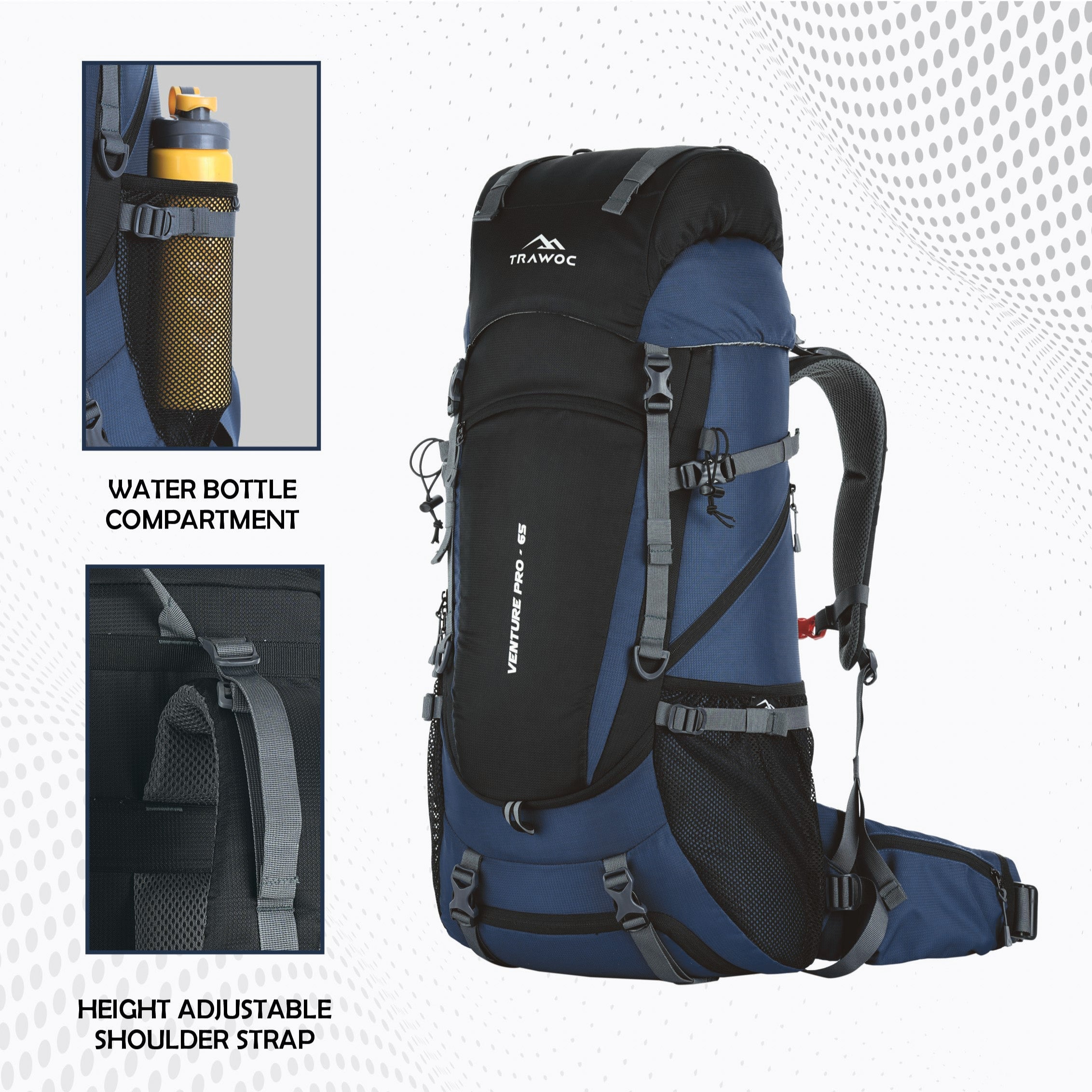 Venture Pro 65 L Travel Backpack with Rain Cover & with Laptop Compartment - Navy Blue