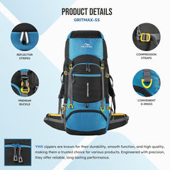 GRITMAX 55 L  Front & Top Open Backpack for Hiking Trekking  Bag for Men & Women with Rain Cover-Skyblue