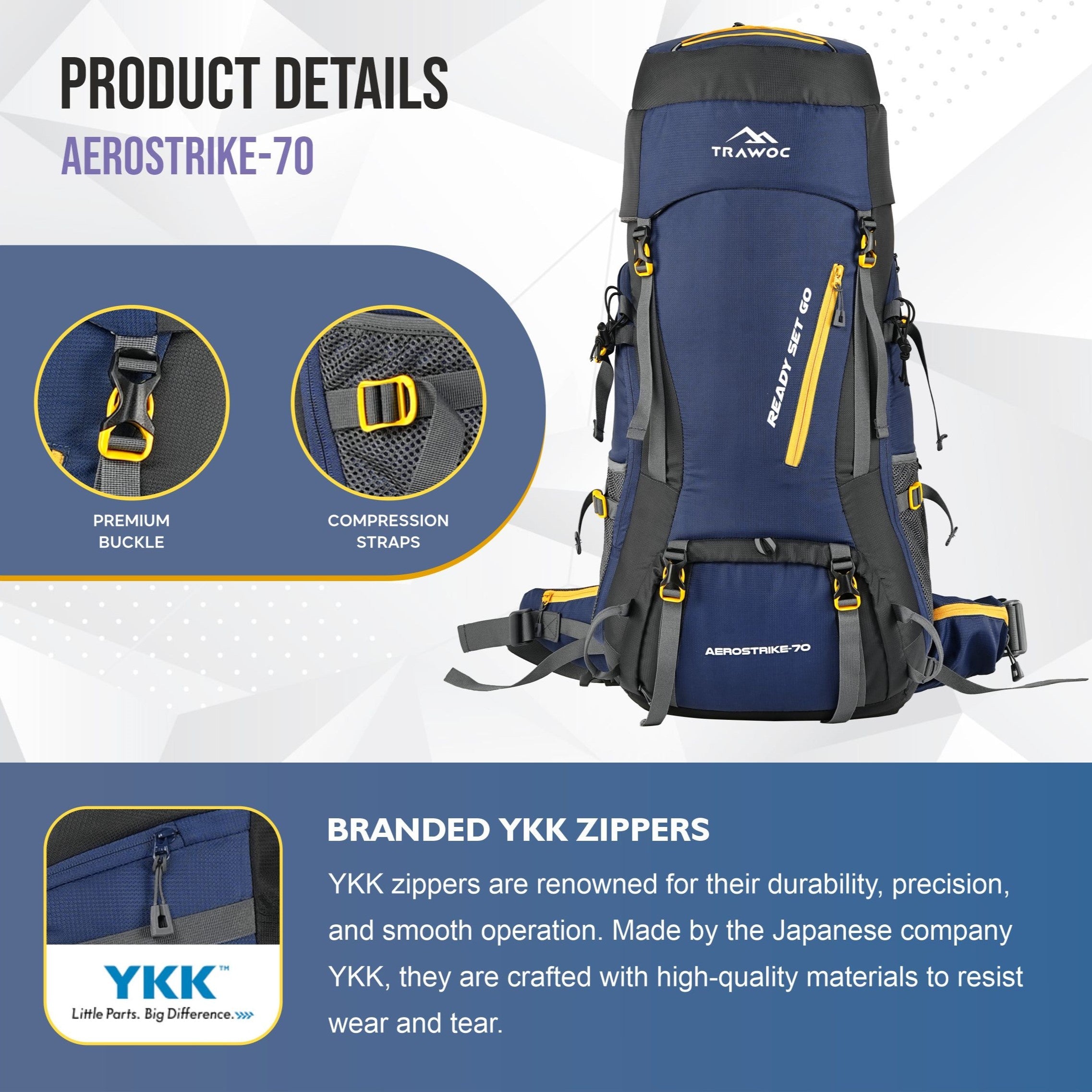 Aerostrike 70L Trekking Bag with Laptop Compartment & Rain Cover, ideal for Hiking - Navy Blue
