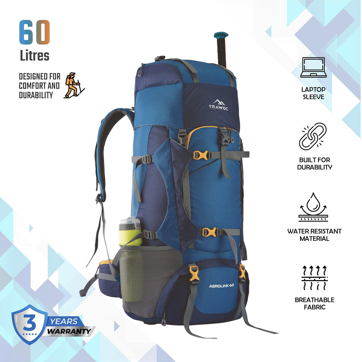 Aerolink 60 L Backpack with Lightweight Build & Water-Resistant Fabric - Blue