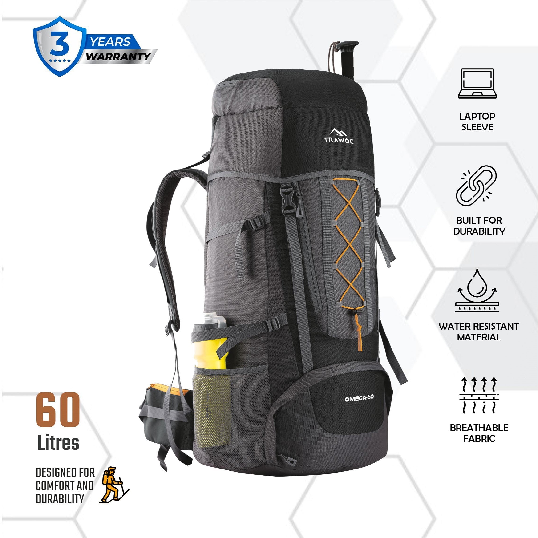 Omega 60 L Backpack with Lightweight Build & with Ergonomic Shoulder Strap - Black