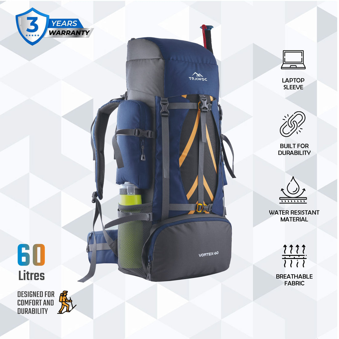 Vortex 60 L Travel Backpack with Laptop Compartment & Durable Zippers - Navy Blue