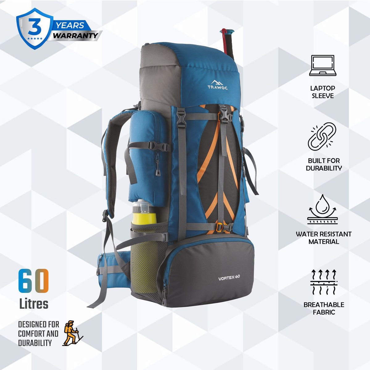 Vortex 60 L Travel Backpack with Laptop Compartment & Durable Zippers - English Blue