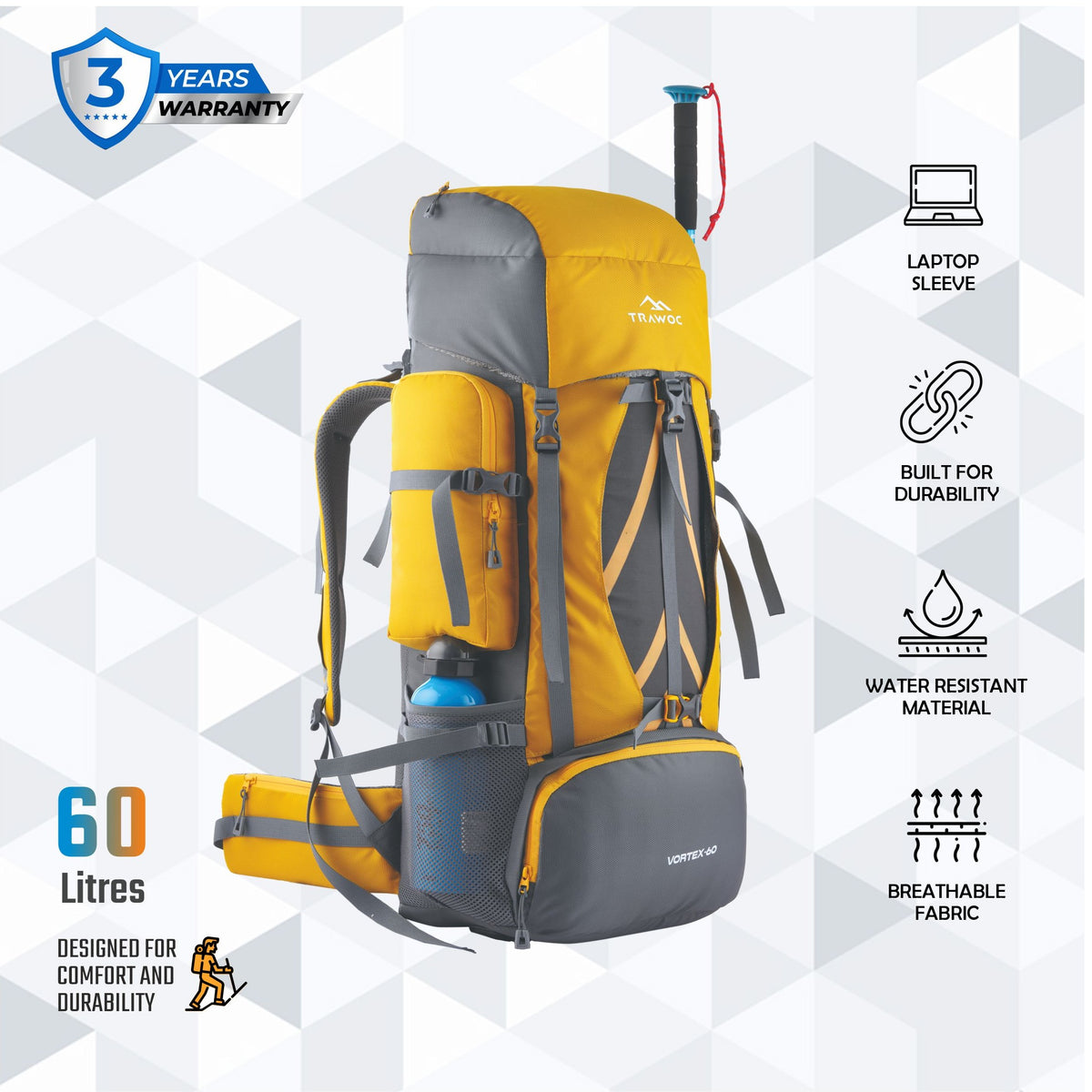 Vortex 60 L Travel Backpack with Laptop Compartment & Durable Zippers - Yellow
