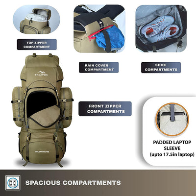 Wildwing 95L (80+15) Bag for Hiking & Travel with Shoe Compartment & Water-Resistant-Olivegreen (Refurbished)