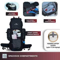 Wildwing 95L (80+15)  Bag for Hiking & Travel with Shoe Compartment & Water-Resistant-Black (Clearance Sale)