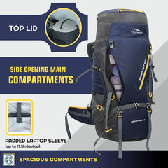 Aerostrike 70L Trekking Bag with Laptop Compartment & Rain Cover, ideal for Hiking - Navyblue(clearance sale)