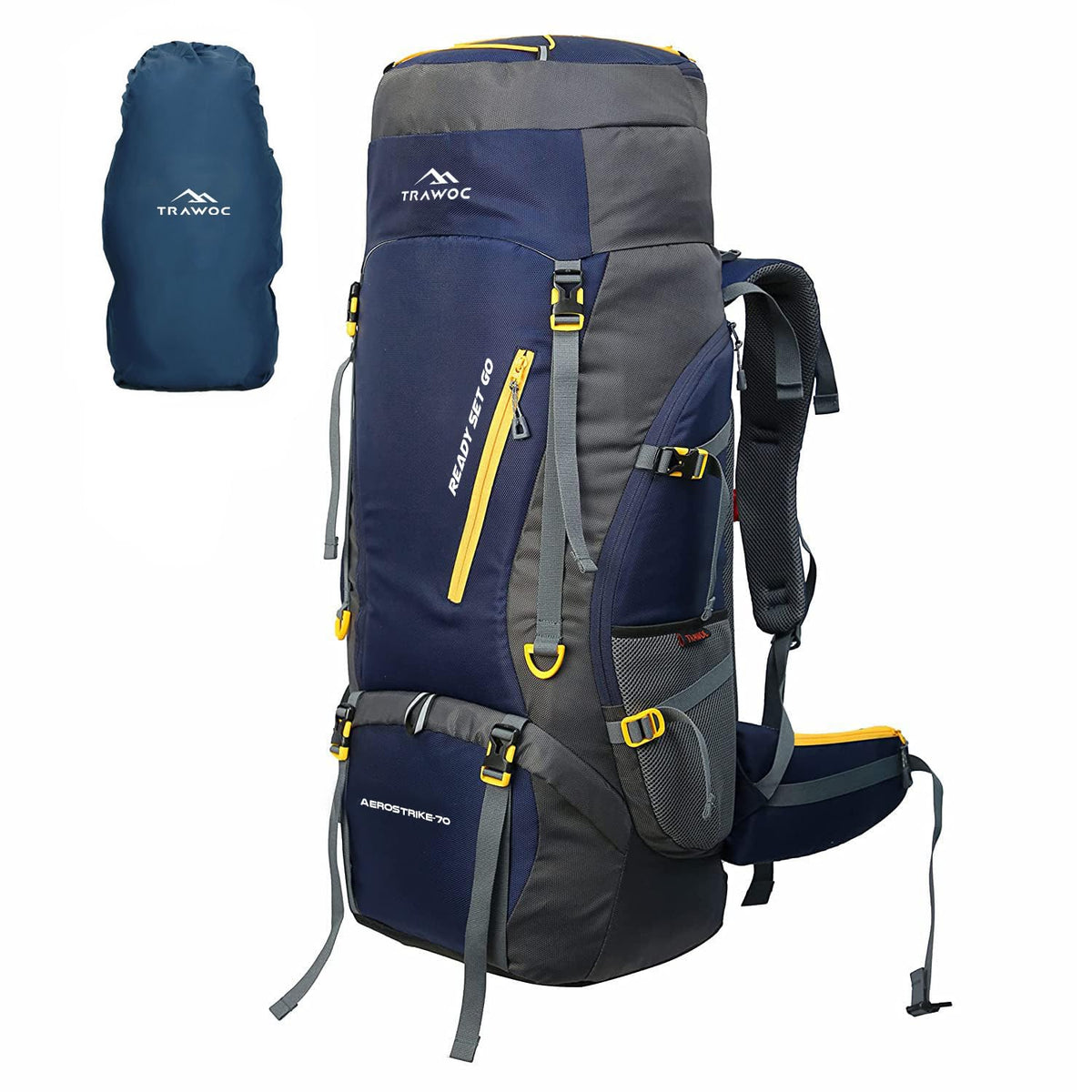 Aerostrike 70L Trekking Bag with Laptop Compartment & Rain Cover, ideal for Hiking - Navyblue(clearance sale)