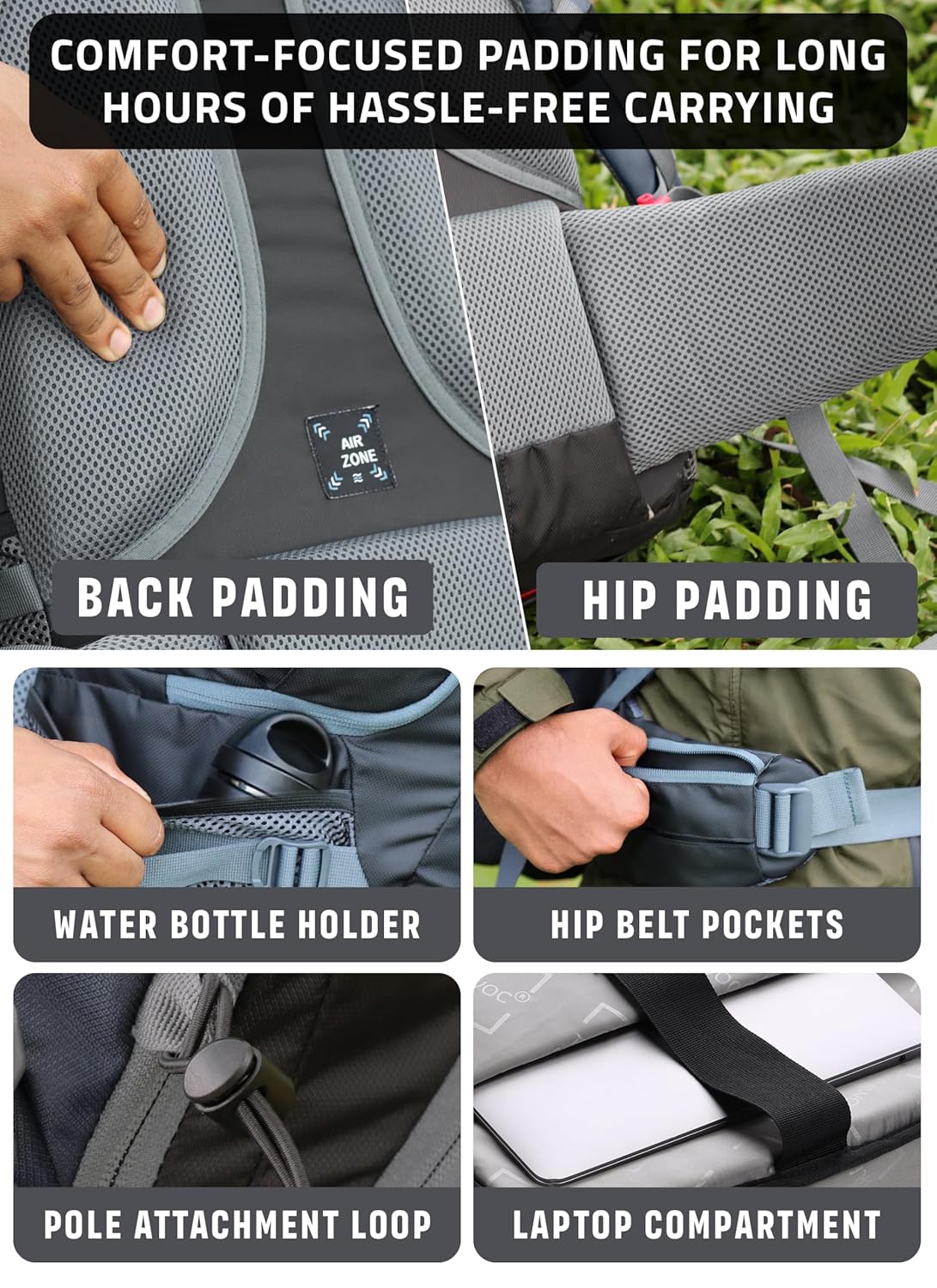 Valor Max 75 L Backpack with Ergonomic Shoulder Straps & Shoe Compartment - Grey - Grey