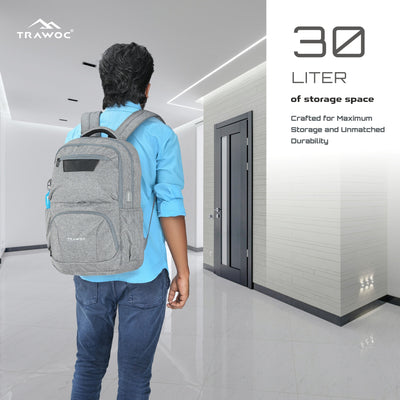 TPB04 - 30L Laptop Backpack   16-Inch Compartment, USB Charging Port -Ash grey