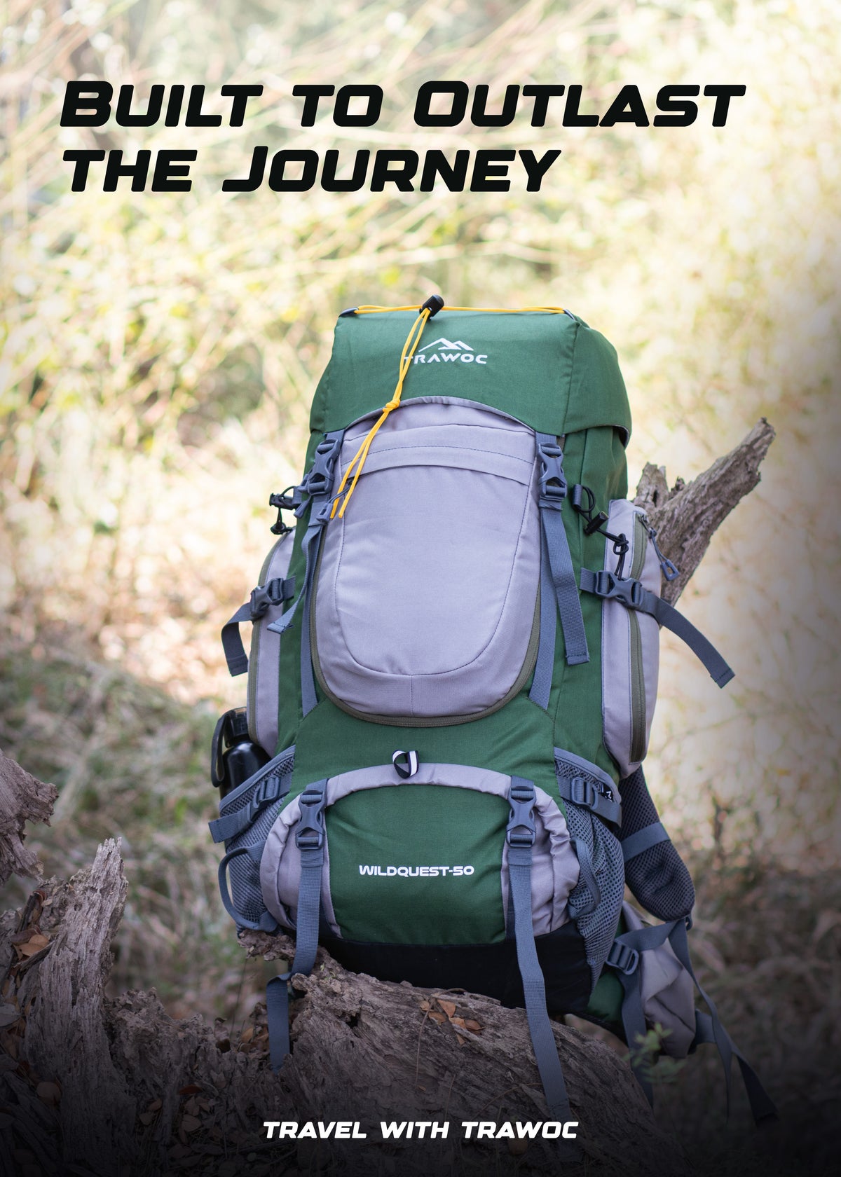WILDQUEST 50L Travel Backpack  with Laptop Compartment, Rain Cover, Shoe Compartment-green