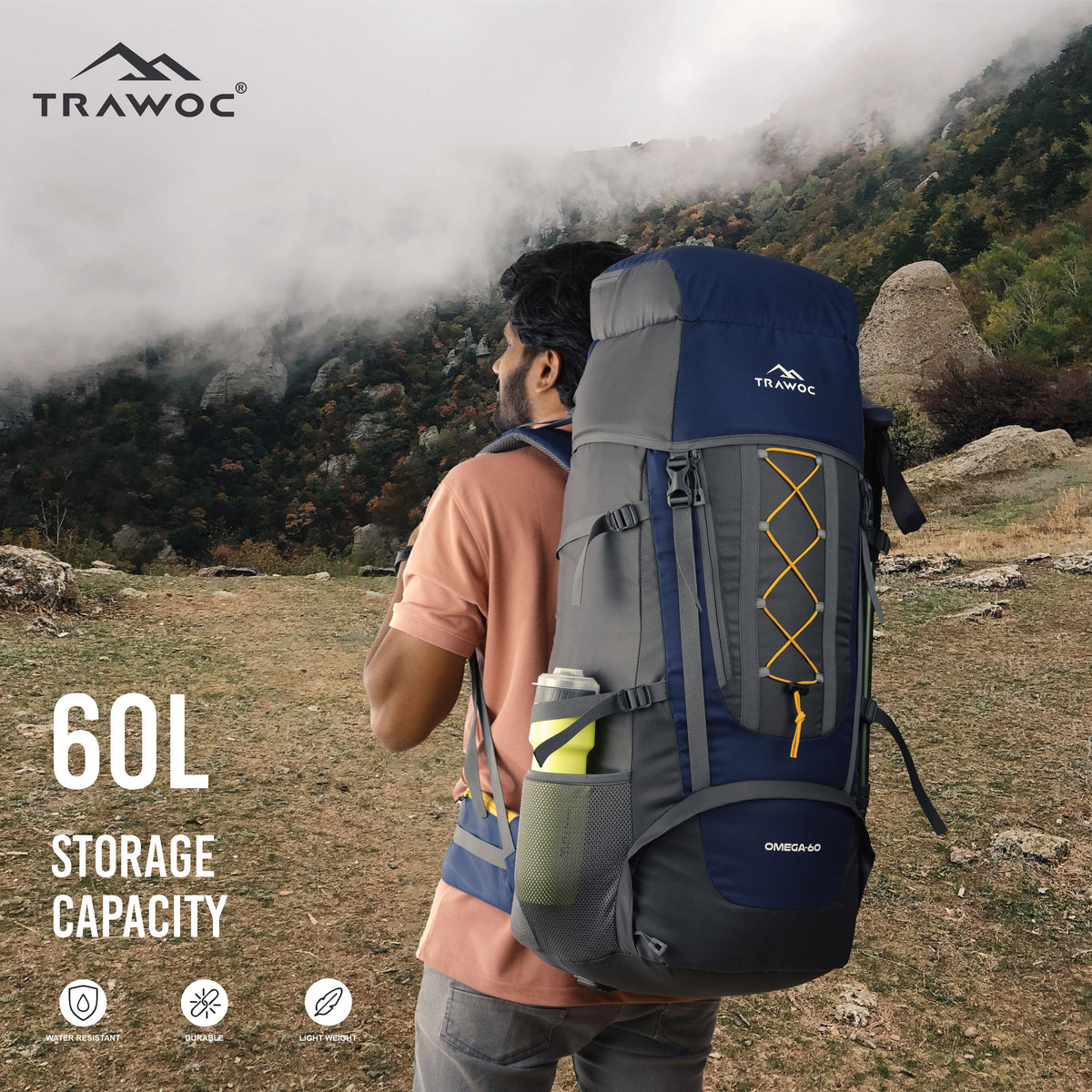 Omega 60 L Backpack with Lightweight Build & with Ergonomic Shoulder Straps- Navyblue