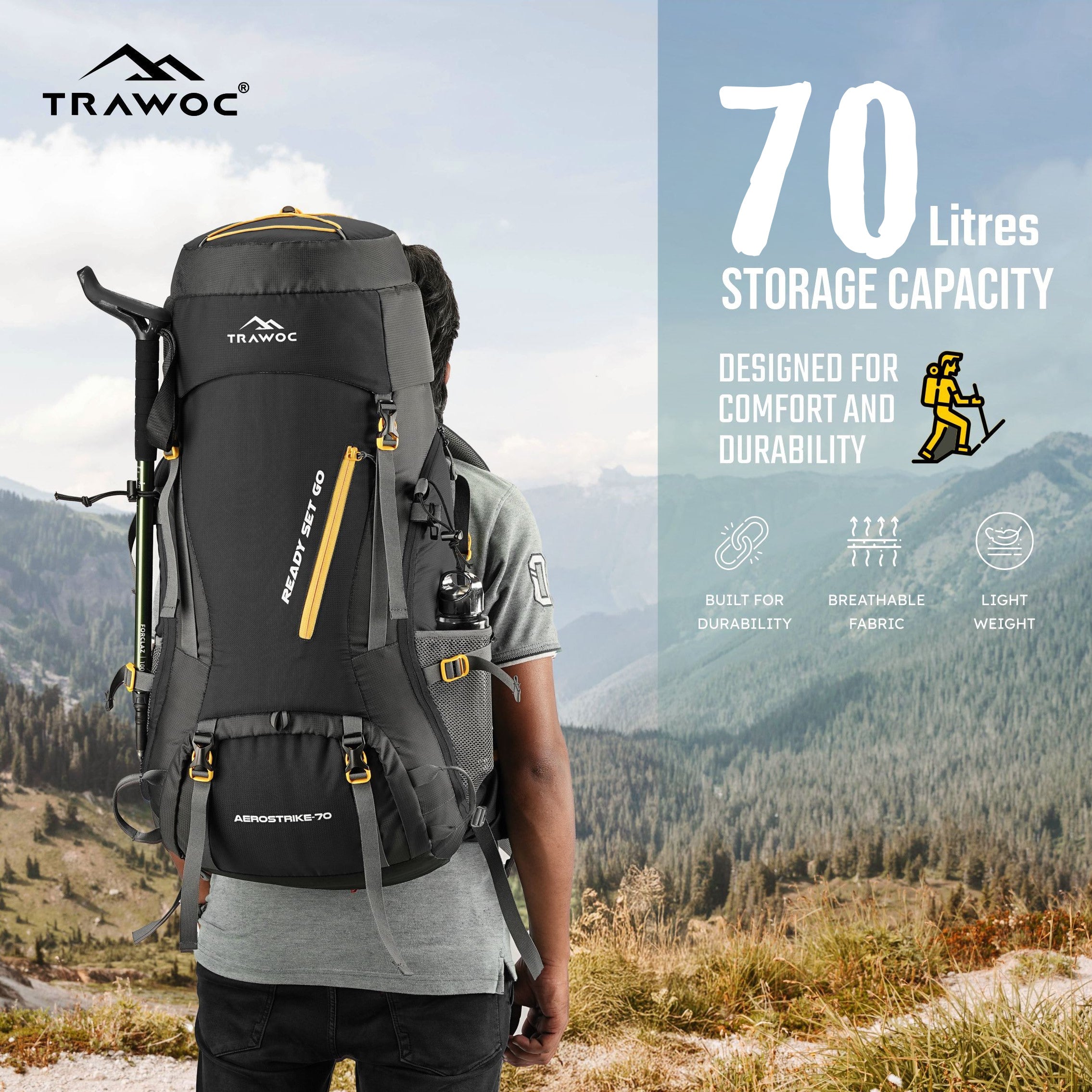 Aerostrike 70L Trekking Bag with Laptop Compartment & Rain Cover, ideal for Hiking - Black