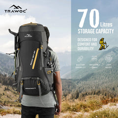 Aerostrike 70L Trekking Bag with Laptop Compartment & Rain Cover, ideal for Hiking - Black