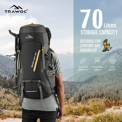 Aerostrike 70L Trekking Bag with Laptop Compartment & Rain Cover, ideal for Hiking - Black
