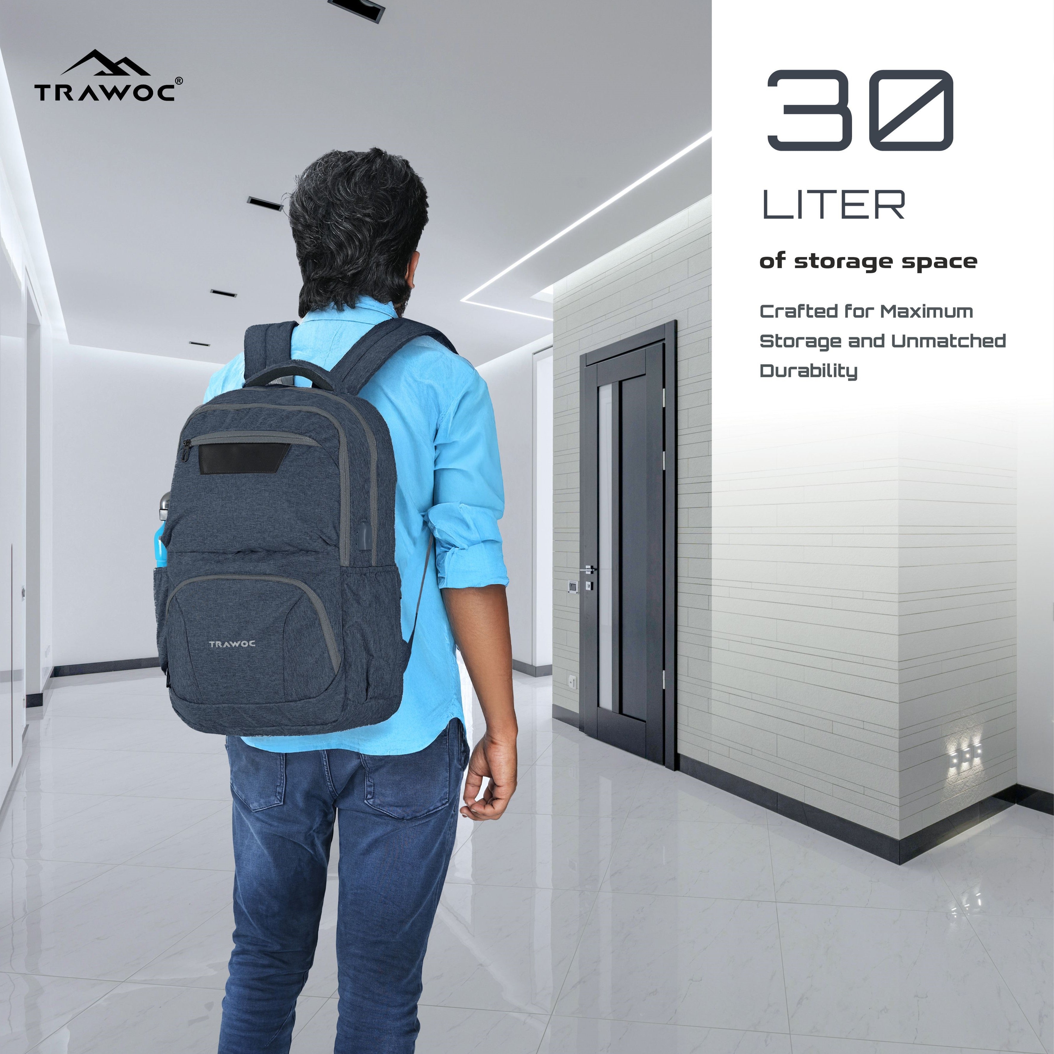 30 liter backpack with laptop compartment TPB04 30L Laptop Backpack-Ash Blue |Water Resistant, USB Charging Port, Padded Laptop Compartment