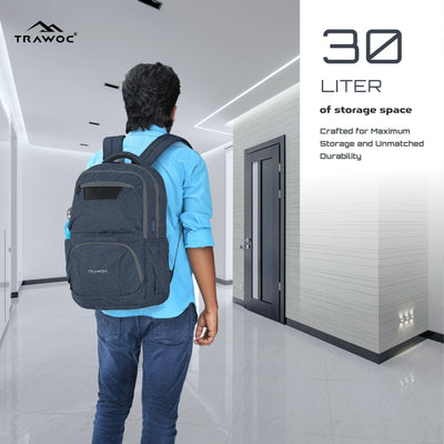 TPB04 - 30L Laptop Backpack   16-Inch Compartment, USB Charging Port -Ash blue