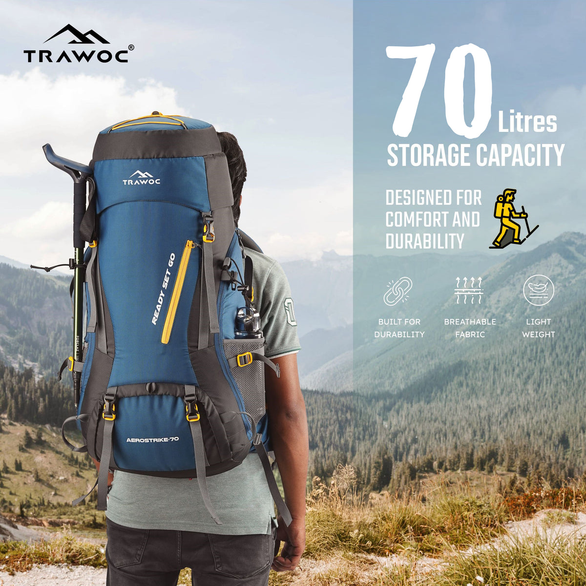 Aerostrike 70L Trekking Bag with Laptop Compartment & Rain Cover, ideal for Hiking - English Blue