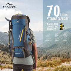 Aerostrike 70L Trekking Bag with Laptop Compartment & Rain Cover, ideal for Hiking - Englishblue