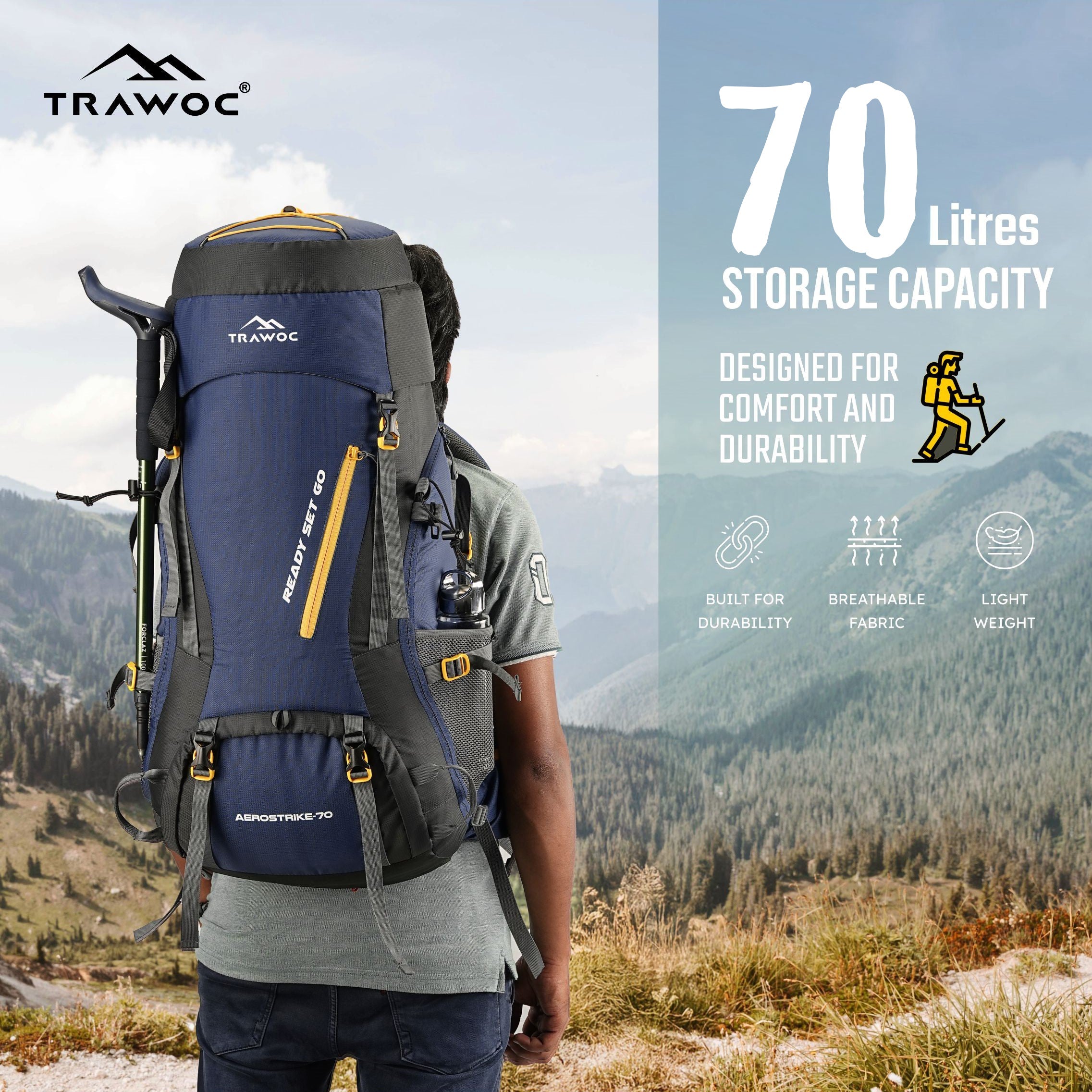 Aerostrike 70L Trekking Bag with Laptop Compartment & Rain Cover, ideal for Hiking - Navy Blue