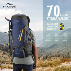 Aerostrike 70L Trekking Bag with Laptop Compartment & Rain Cover, ideal for Hiking - Navy Blue