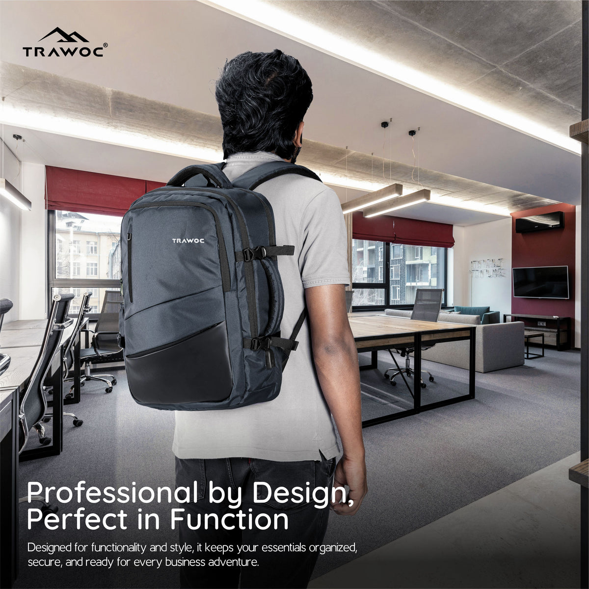 TPB02 - 25L Laptop Backpack with USB Charging Port for Men & Women - Grey