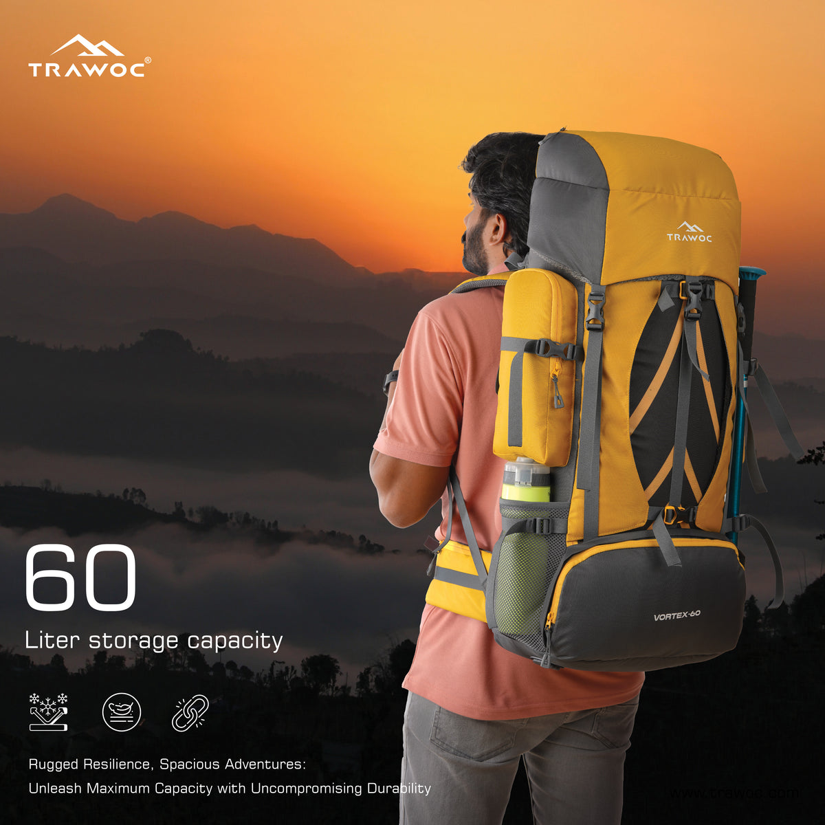 Vortex 60 L Travel Backpack with Laptop Compartment & Durable Zippers - Yellow