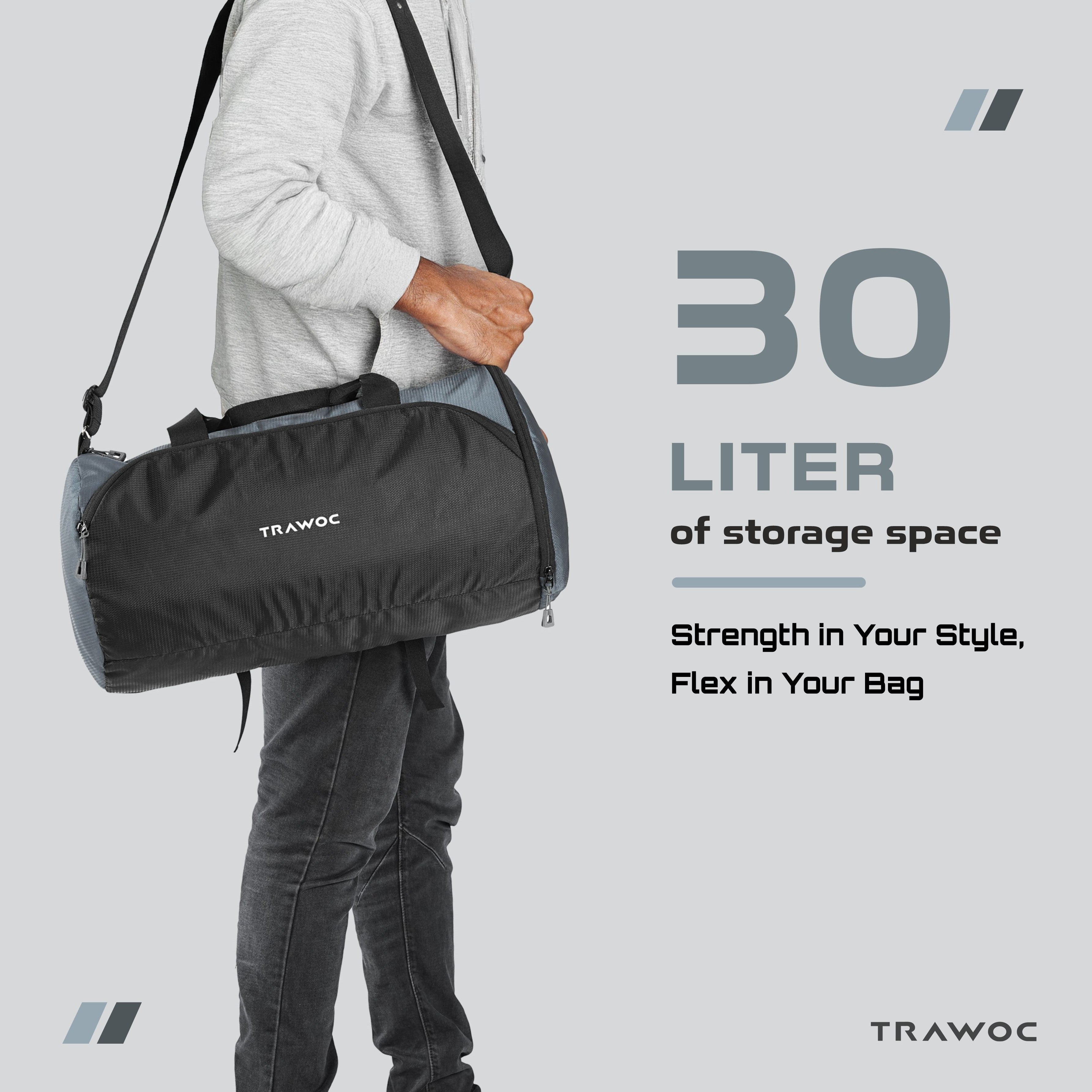TMPB02 - 30L Gym, Sports & Travel Duffle , Unisex Duffel Bag with Shoe Compartment - Grey