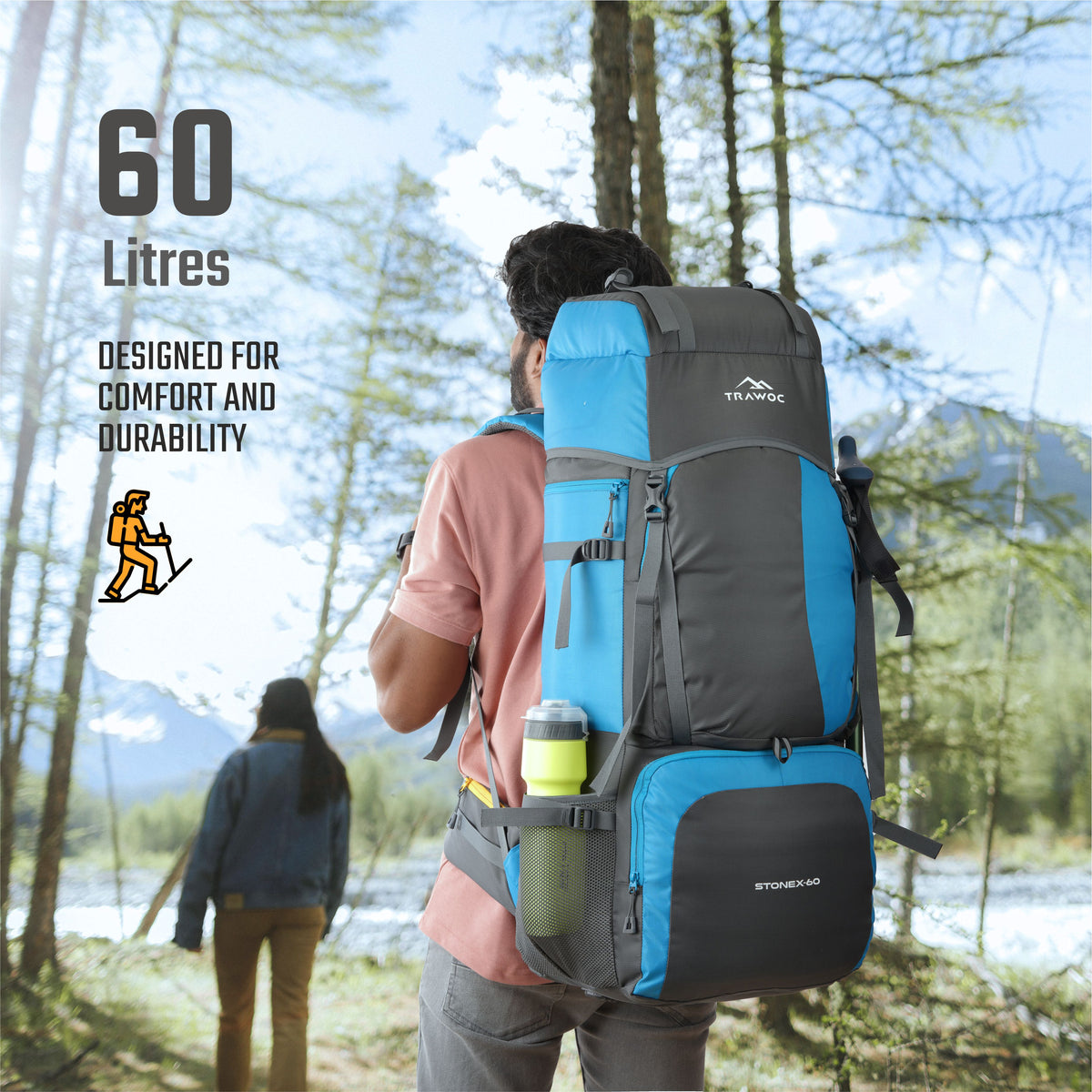 Stonex 60 L Backpack with Ergonomic Shoulder Straps & Lightweight Build, for men & women - Sky Blue