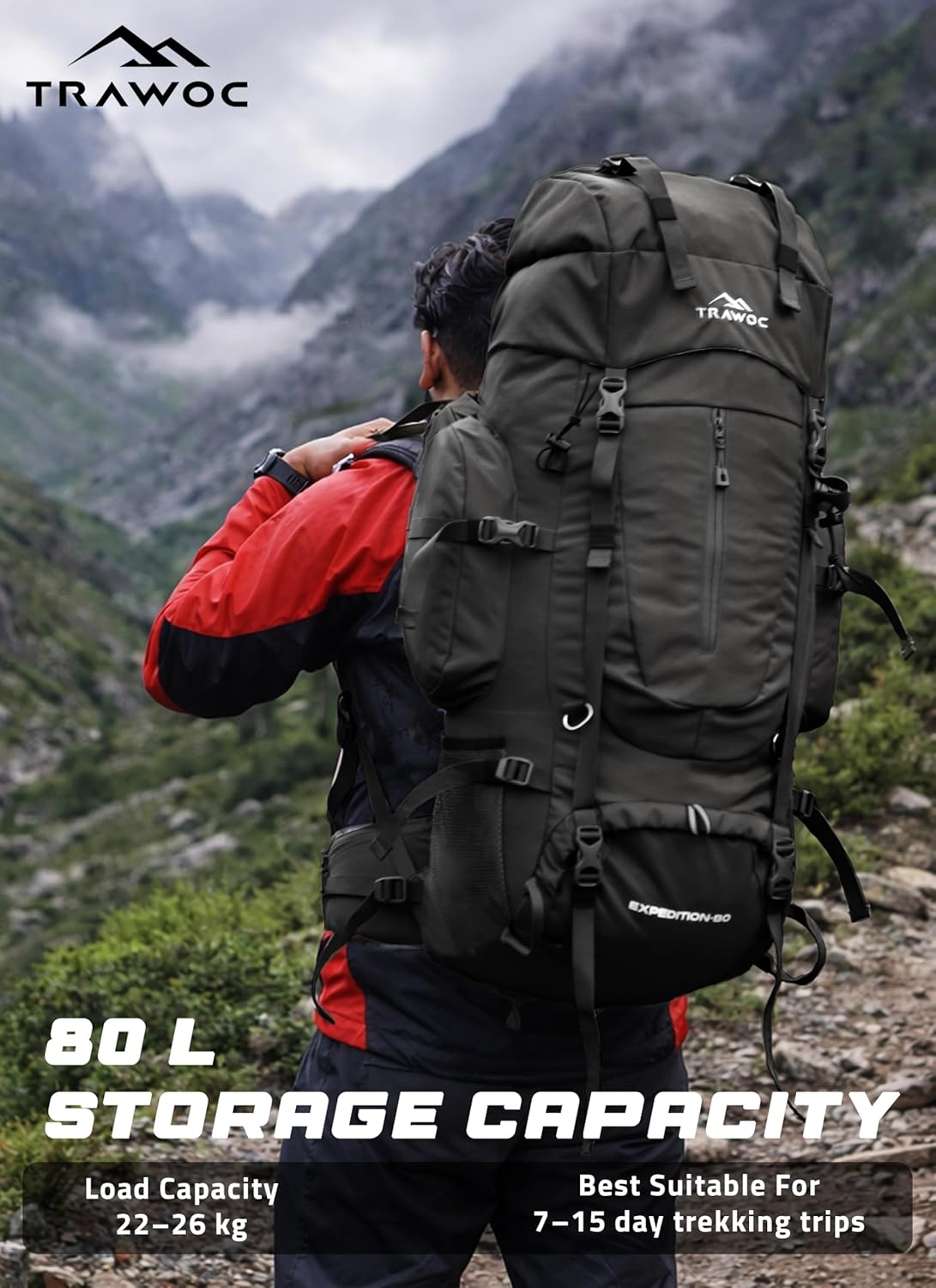 EXPEDITION 80L Rucksack with shoe compartment & Rain Cover