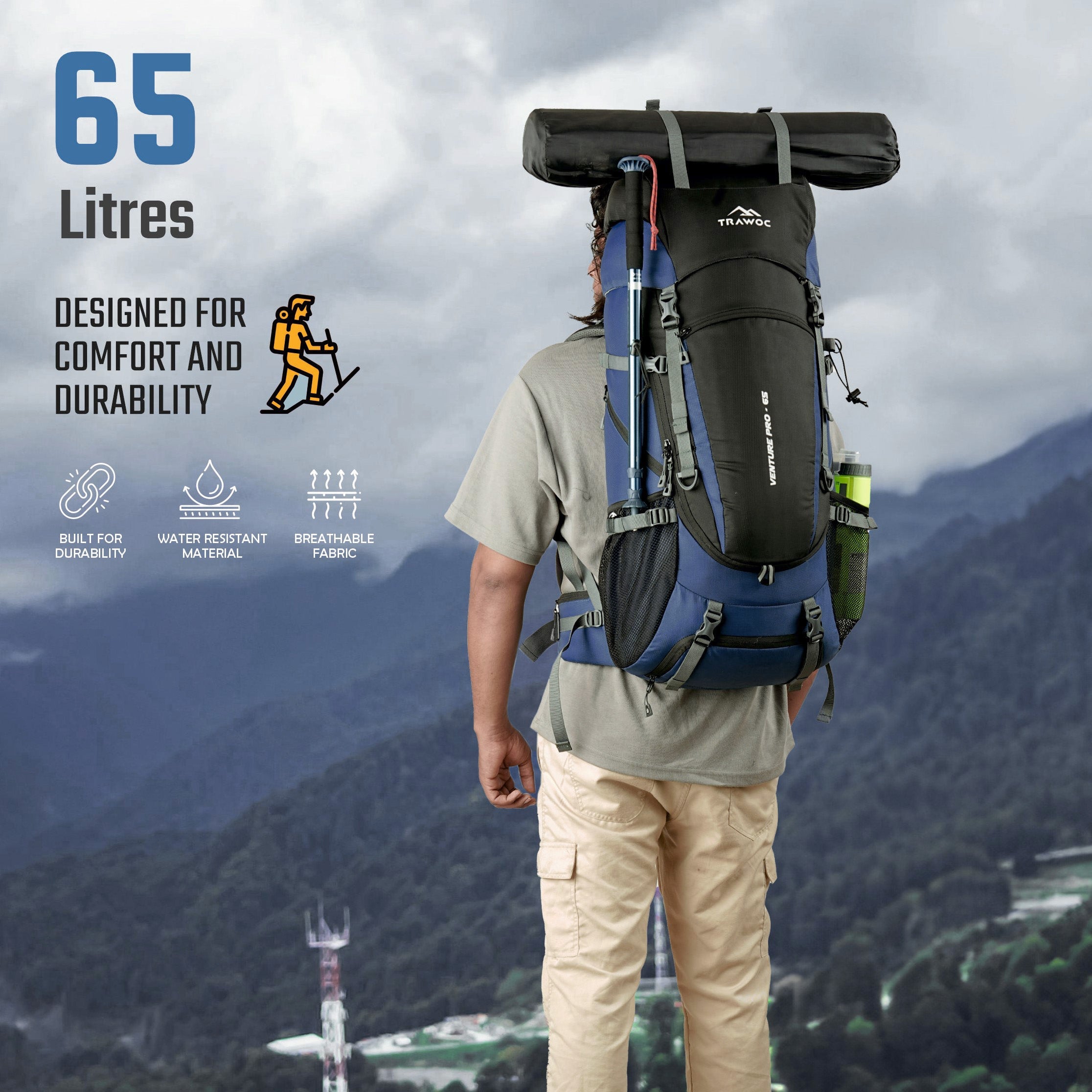 Venture Pro 65 L Travel Backpack with Rain Cover & with Laptop Compartment - Navy Blue
