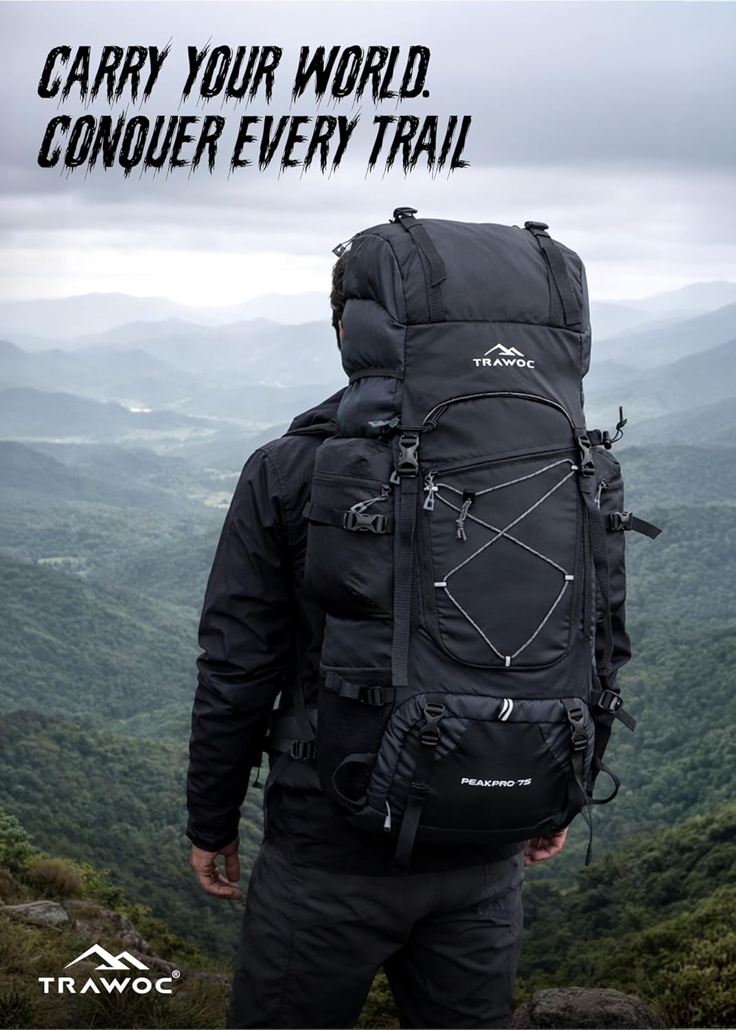 Peakpro 75 L Backpack featuring Laptop Compartment & with Shoe Compartment - Black