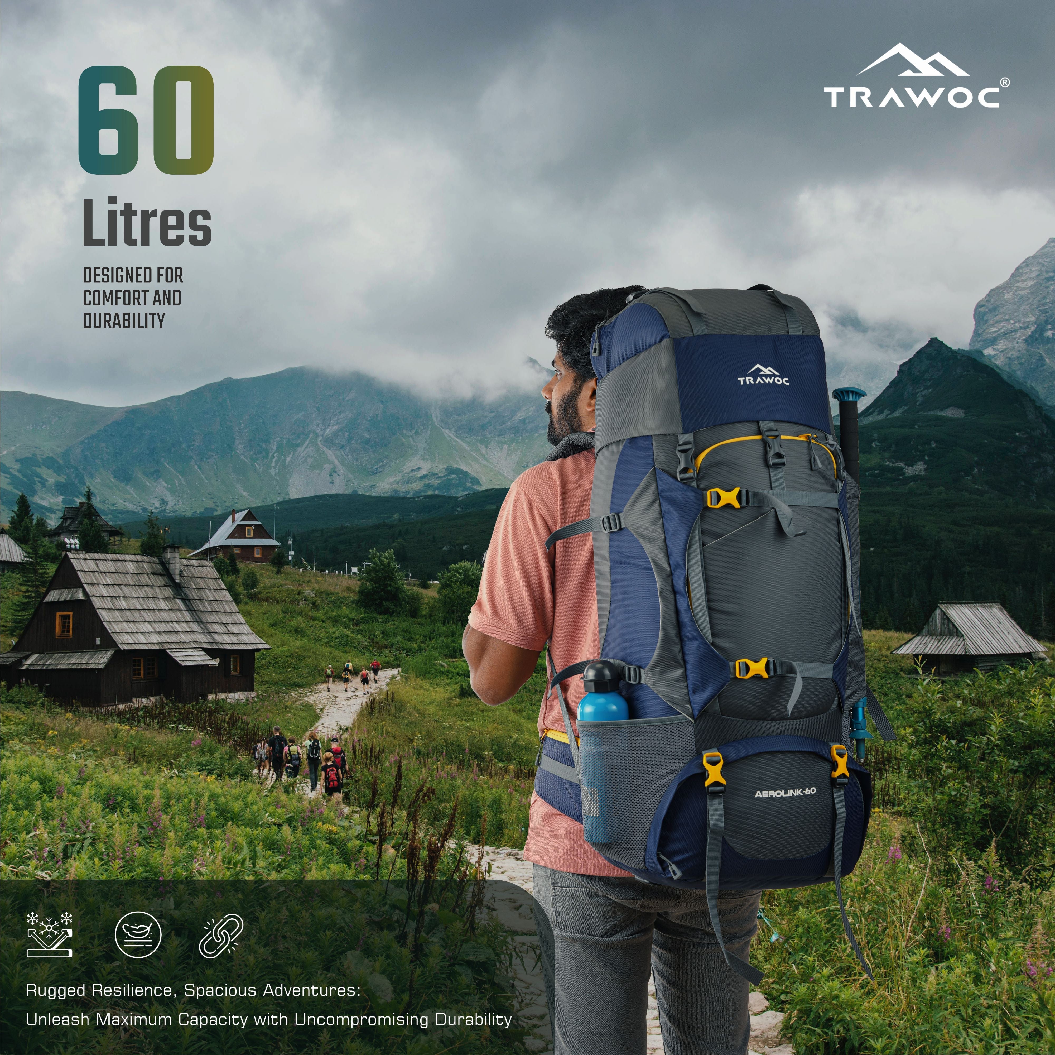 Aerolink 60 L Backpack with Lightweight Build & Water-Resistant Fabric - Grey