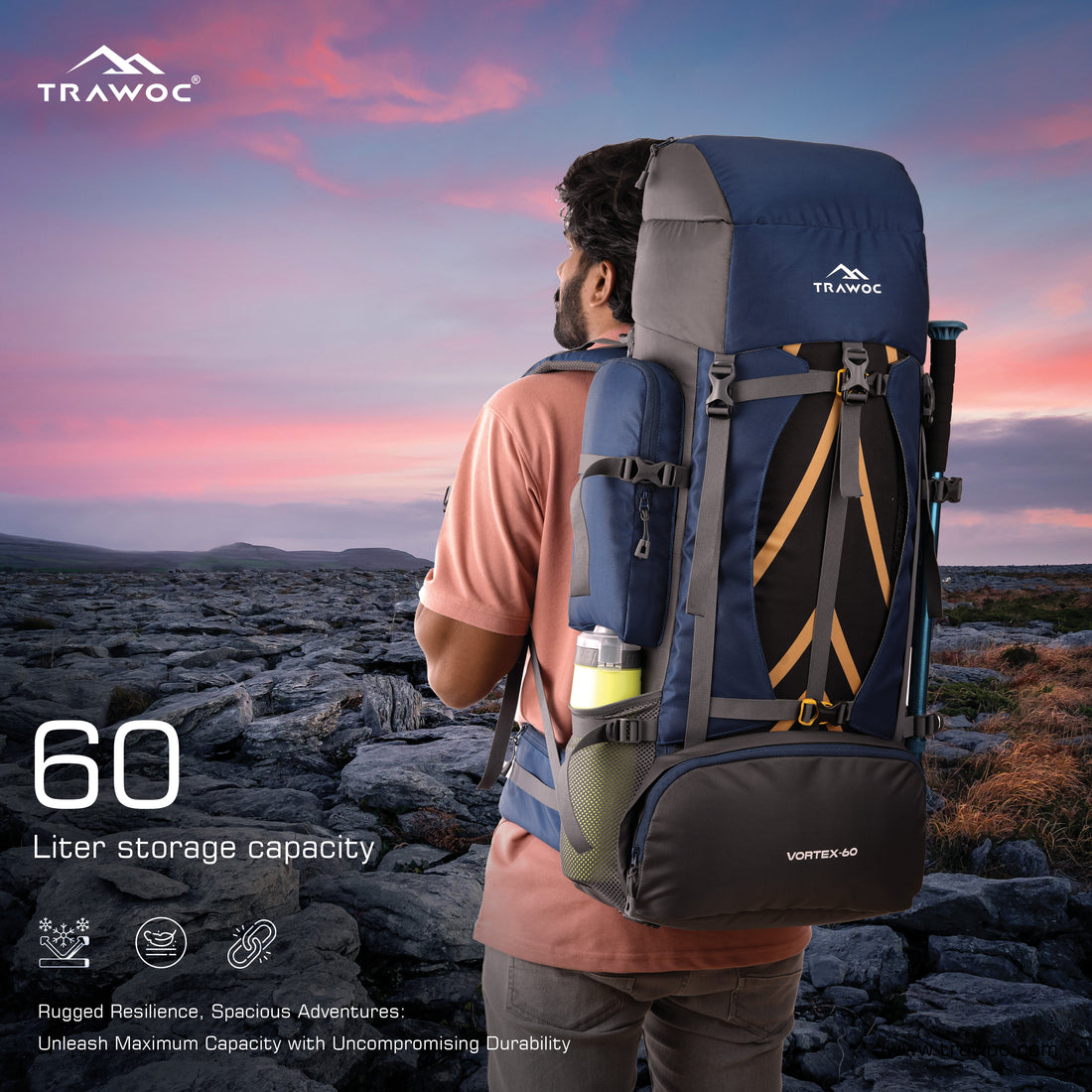 Vortex 60 L Travel Backpack with Laptop Compartment & Durable Zippers - Navy Blue