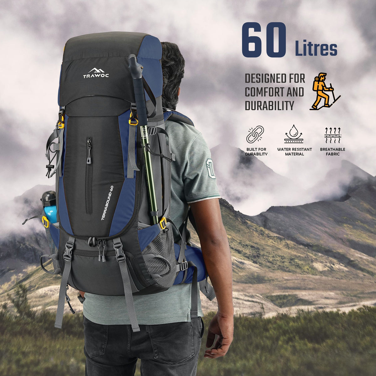Terrabound 60 L Rucksack featuring Shoe Compartment & Durable Zippers - Navy Blue