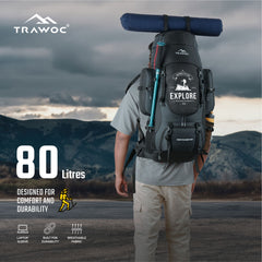 Wayfarer 80L Travel Backpack with Water-Resistant Fabric & Laptop Compartment – Grey