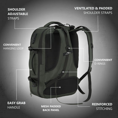 TPB01- 45L Laptop Bag  with Anti-Theft Lock, Expandable Storage, USB Charging, Suitcase-Style Opening - Uniform green