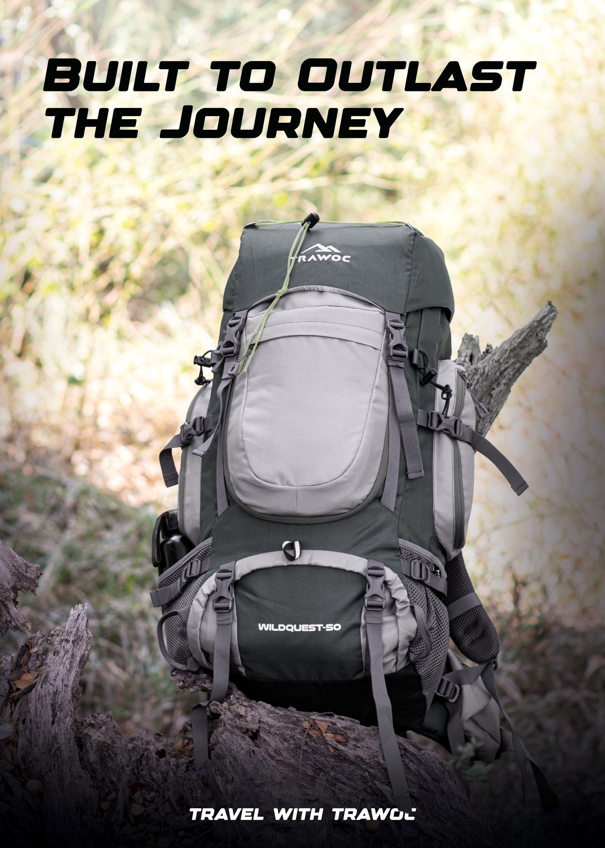 WILDQUEST 50L Travel Backpack  with Laptop Compartment, Rain Cover, Shoe Compartment-grey
